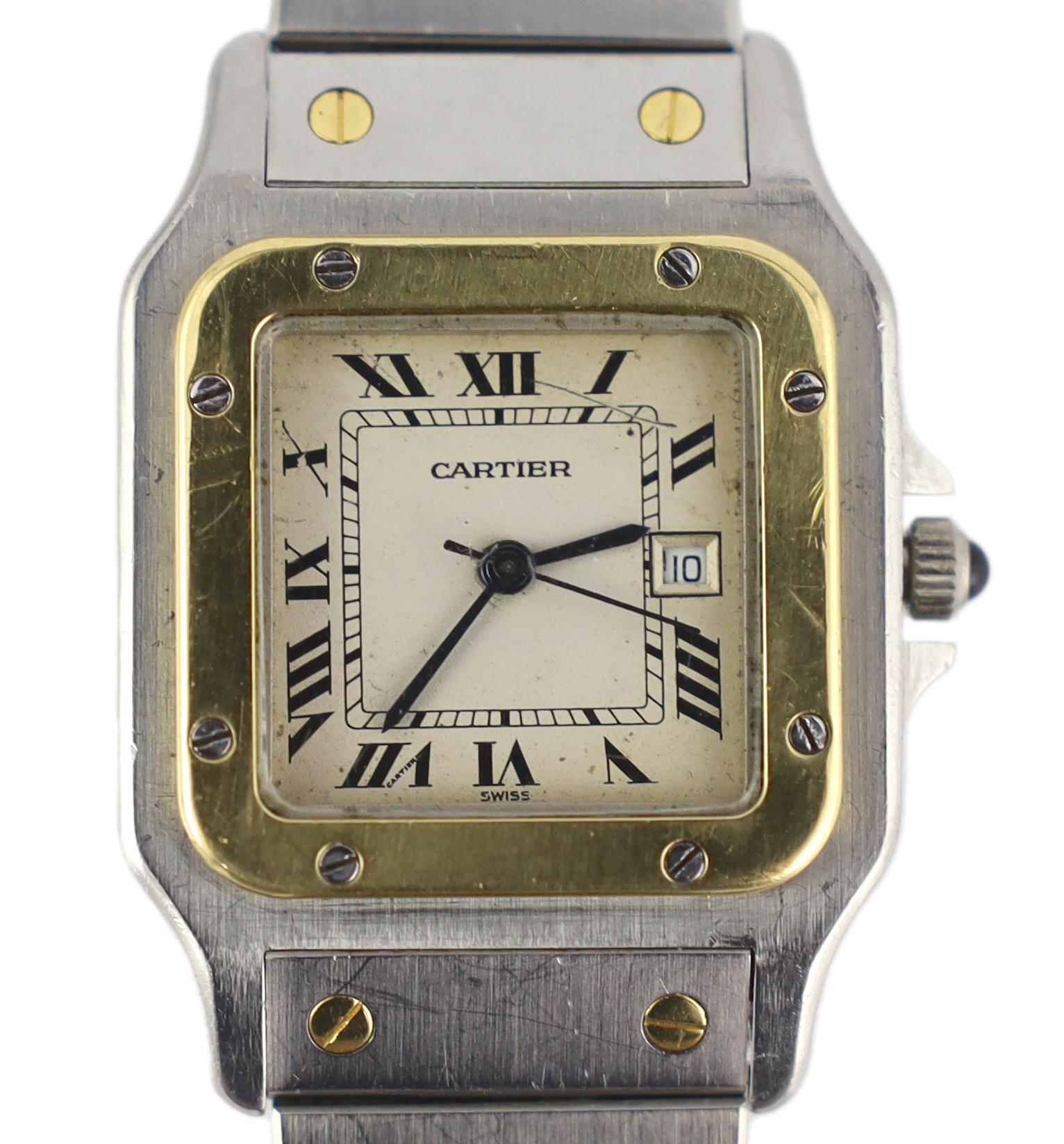 A gentleman's stainless steel and gold Santos De Cartier automatic wrist watch